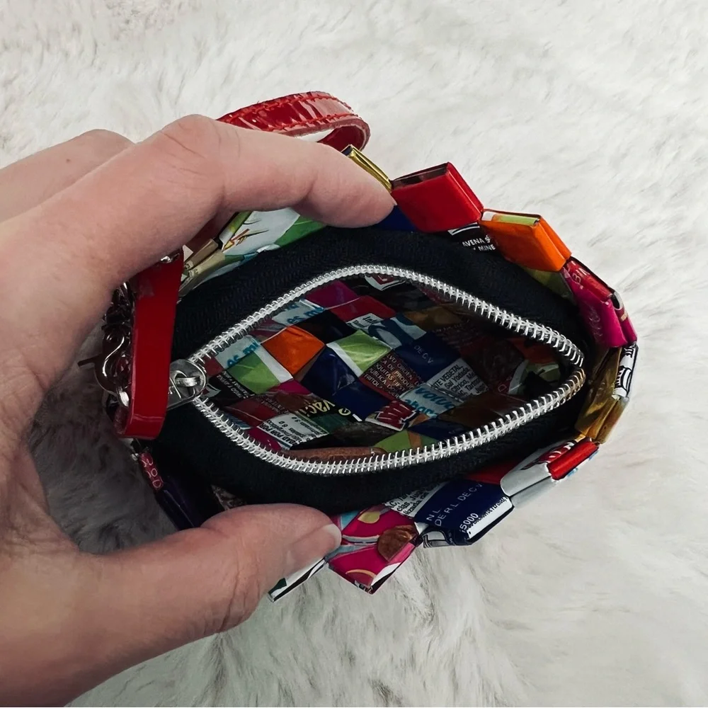 NAHUI OLLIN Woven Multi Color Wrapper Small Wristlet with Red Strap